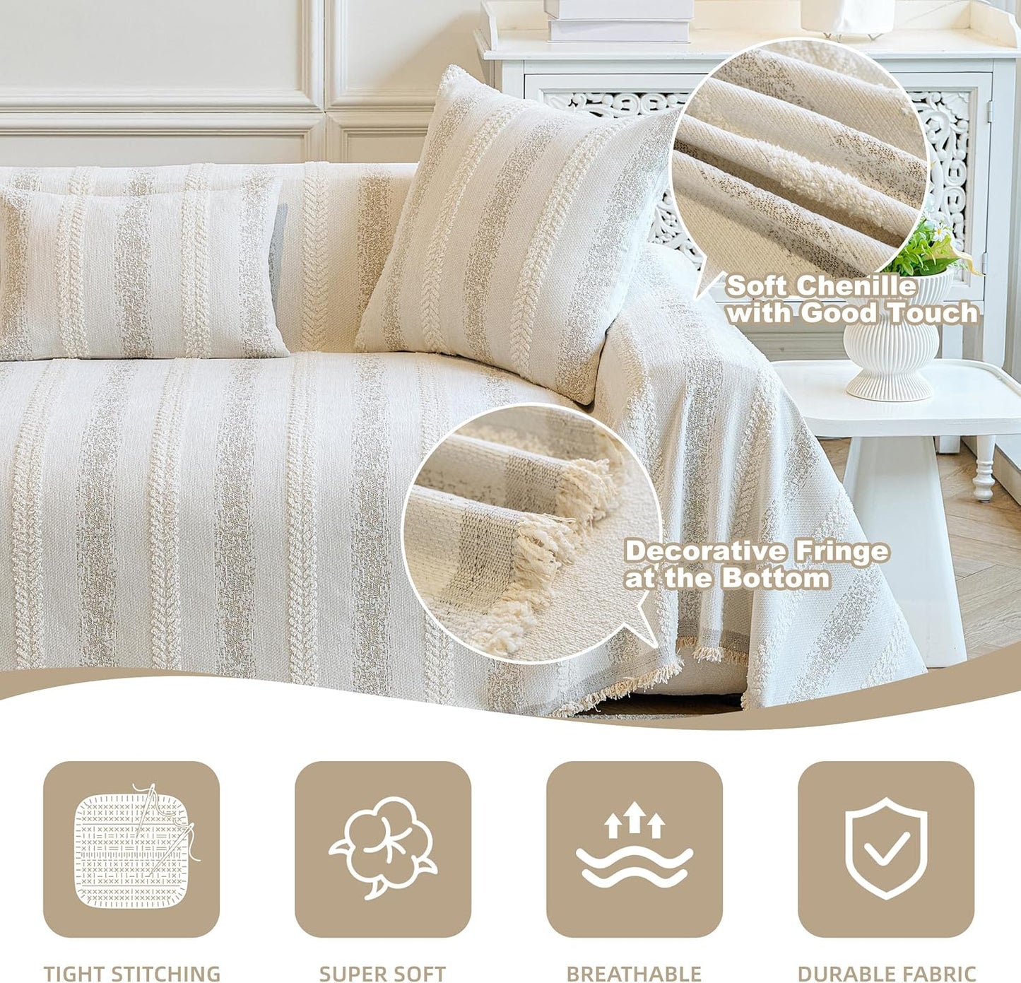 Couch Cover for Dogs Washable Sofa Cover, Sectional Couch Covers, Sofa Covers for 2 Cushion Couch, Non Slip Stripe Sofa Slipcovers Furniture Protector (Beige, 71x102)