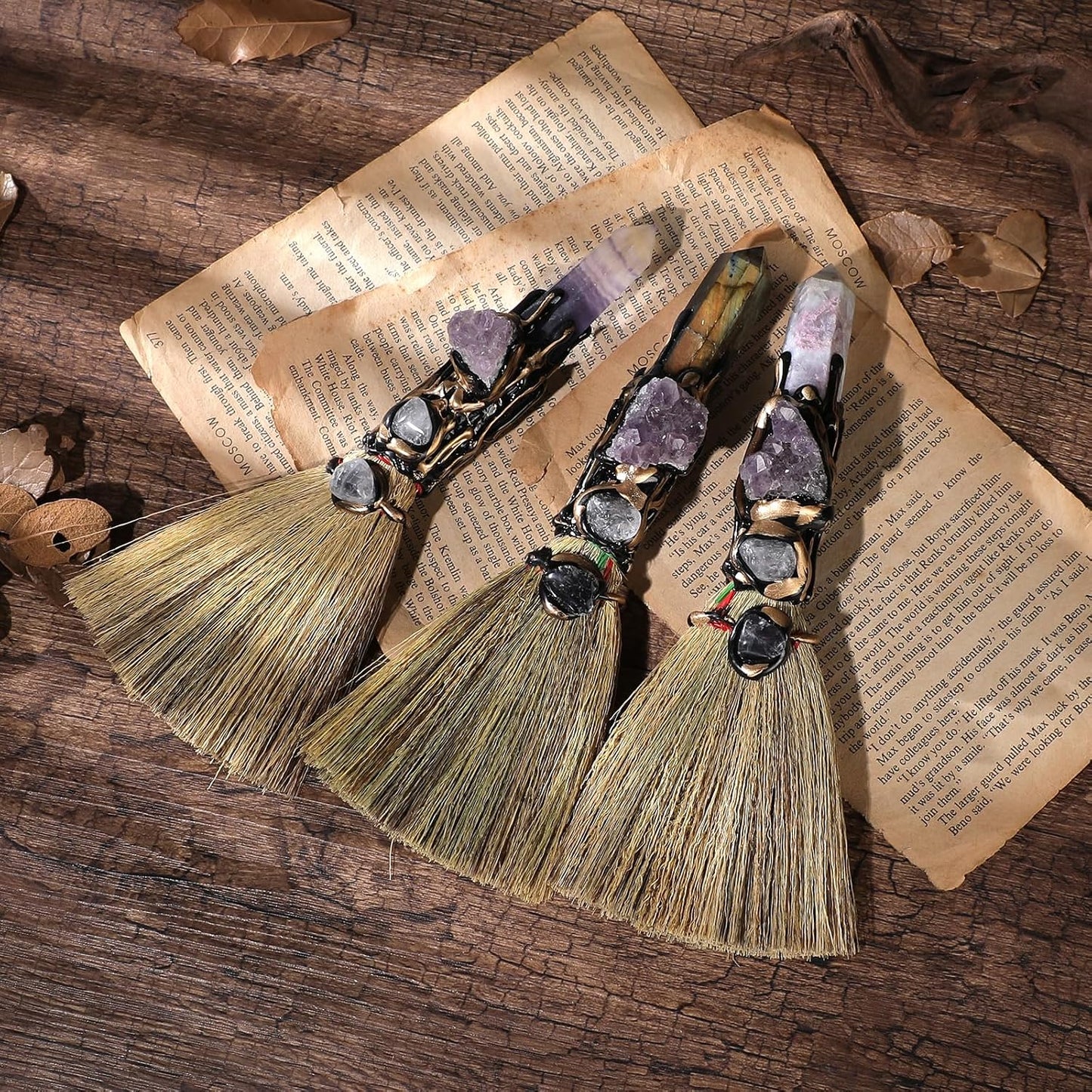 RENEMEGO Witch Broom Witchcraft Supplies - Altar Supplies with Labradorite Wiccan Stuff Magic Broomstick with Natural Healing Crystals Hexagonal Points Pagan Reiki Energy Clearing Decor