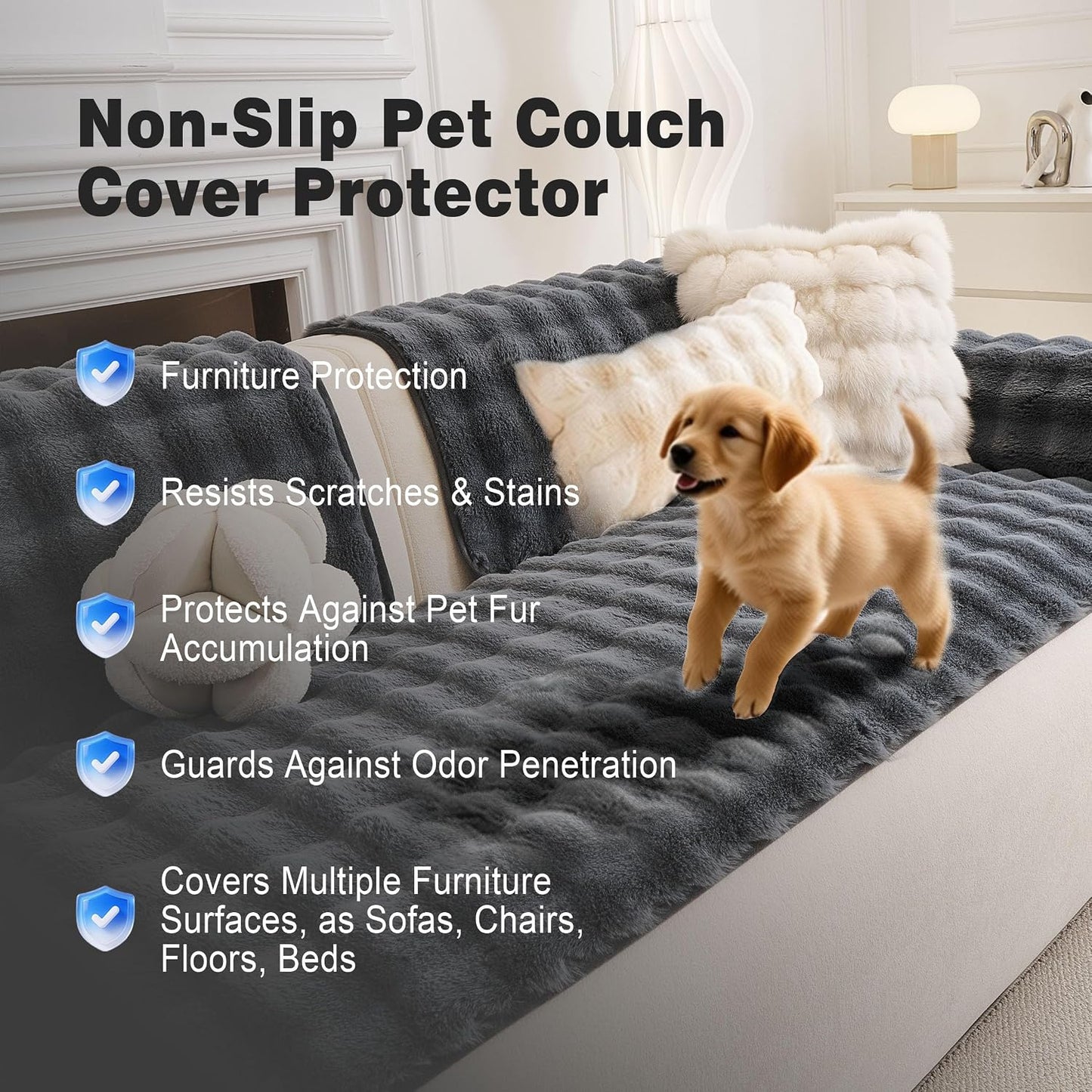 Soulsfeng Thick Plush Couch Cover for Dogs, Non-Slip Washable Pet Sofa Blanket, Soft Fuzzy Cushion Protector for 3 Cushion Couch, Pet Friendly Furniture Cover, Dark Grey 27.6" x 82.7"