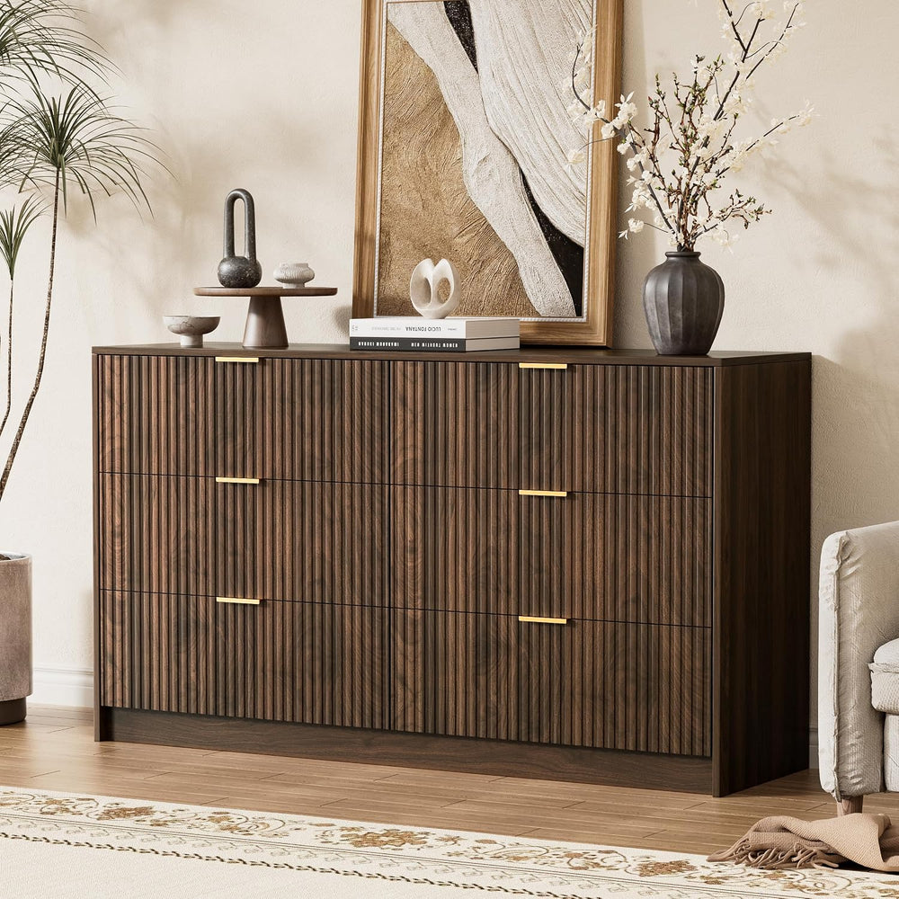 Furniway Walnut Dresser for Bedroom, Modern Dresser with 6 Drawers and Smooth...