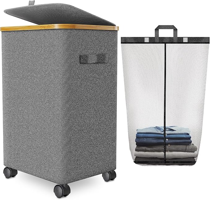 Laundry Hamper with Wheels, 20 Gal Laundry Basket with lid Rolling Clothes by Wuevu