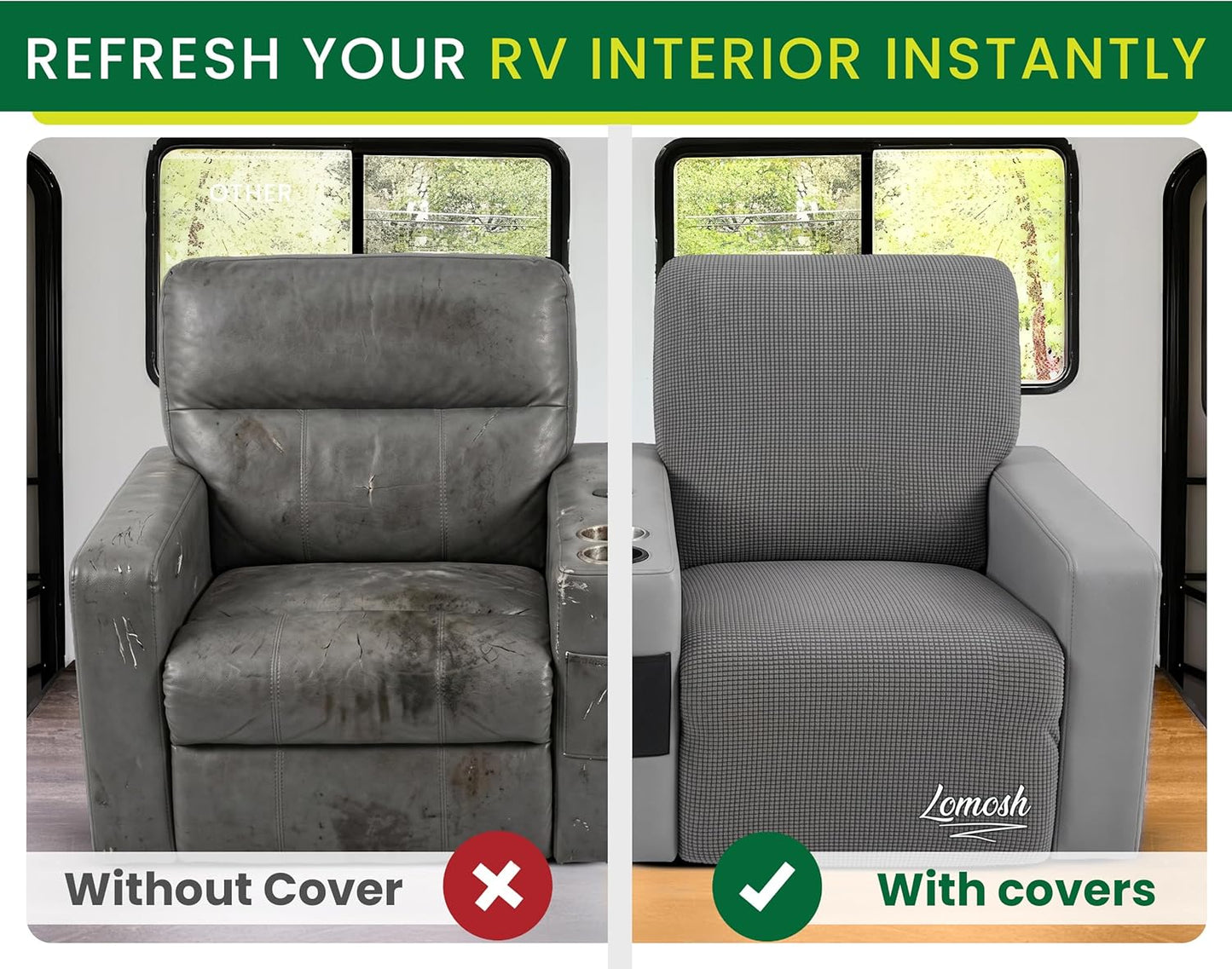 RV Recliner Covers Set of 4 for Loveseat – Stretch RV Theater Seating Covers Compatible with Thomas Payne RV Recliners – Camper Loveseat Cover for Travel Trailer, Motorhome & RV Furniture (Gray)