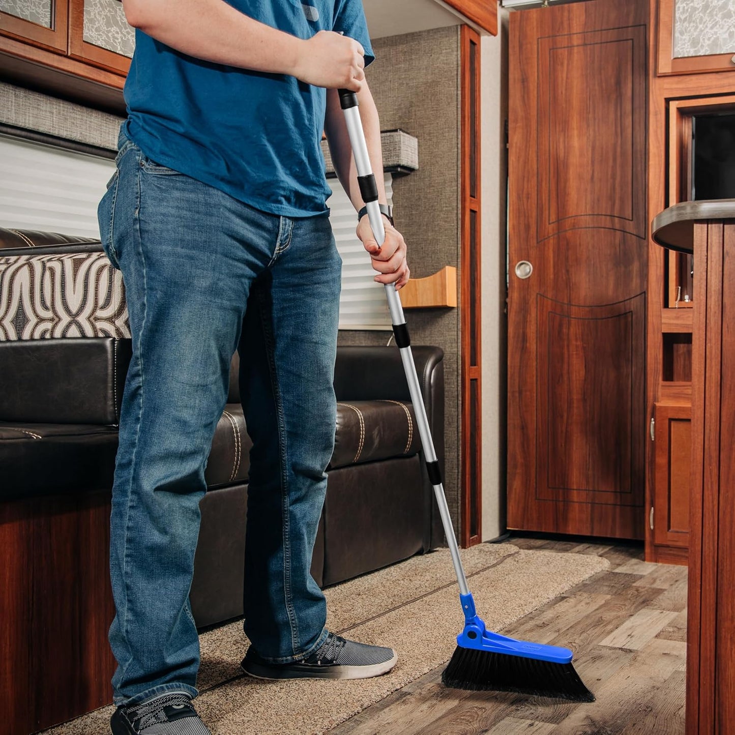 Camco Adjustable Broom and Dustpan - Portable & Compact Full Size Broom - Adjusts from 24-52 Inches, Ideal for RV, Marine, and Home Use (43623-A)