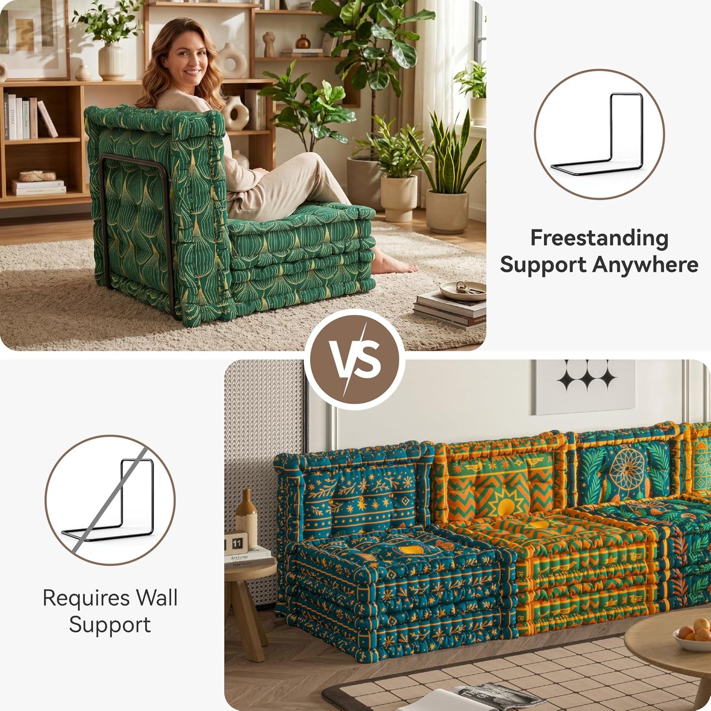 WOWMAX L-Shaped Metal Support Frame for Our Boho Floor Sofa, Freestanding Sofa Bracket Accessory, Easy Assembly, Sturdy Back Support, Sofa Not Included