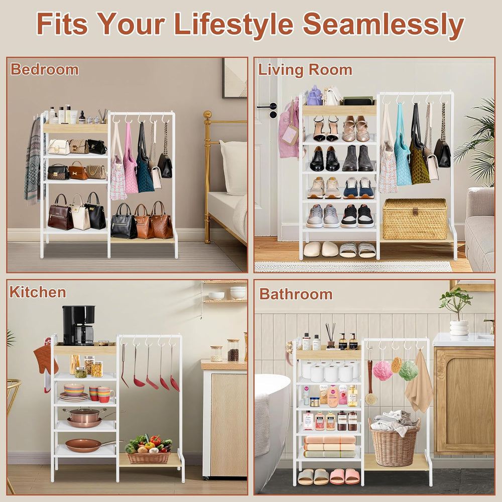 2-in-1 Shoe Rack for Closet with Purse Organizer, 5 Tier Shoes Shelf with Woo...