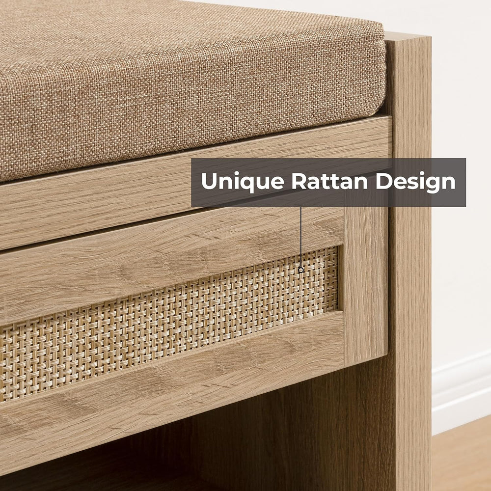 SICOTAS Rattan Shoe Bench Entryway Bench with Storage Drawer, Linen Cushion