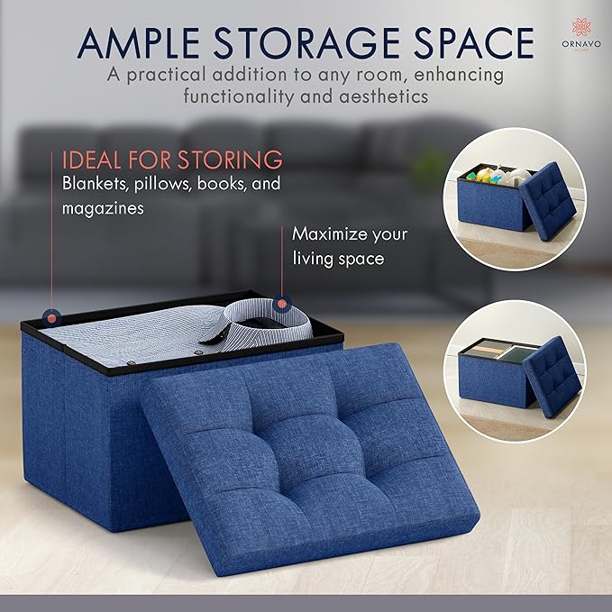 Ornavo Home Small Storage Ottoman Foldable Collapsible Rectangle Linen Ottoman - Image 3
