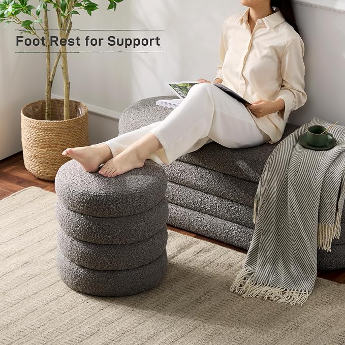 Round Ottoman with Storage Boucle Ottoman Stool with Storage Removable Lid - Image 6