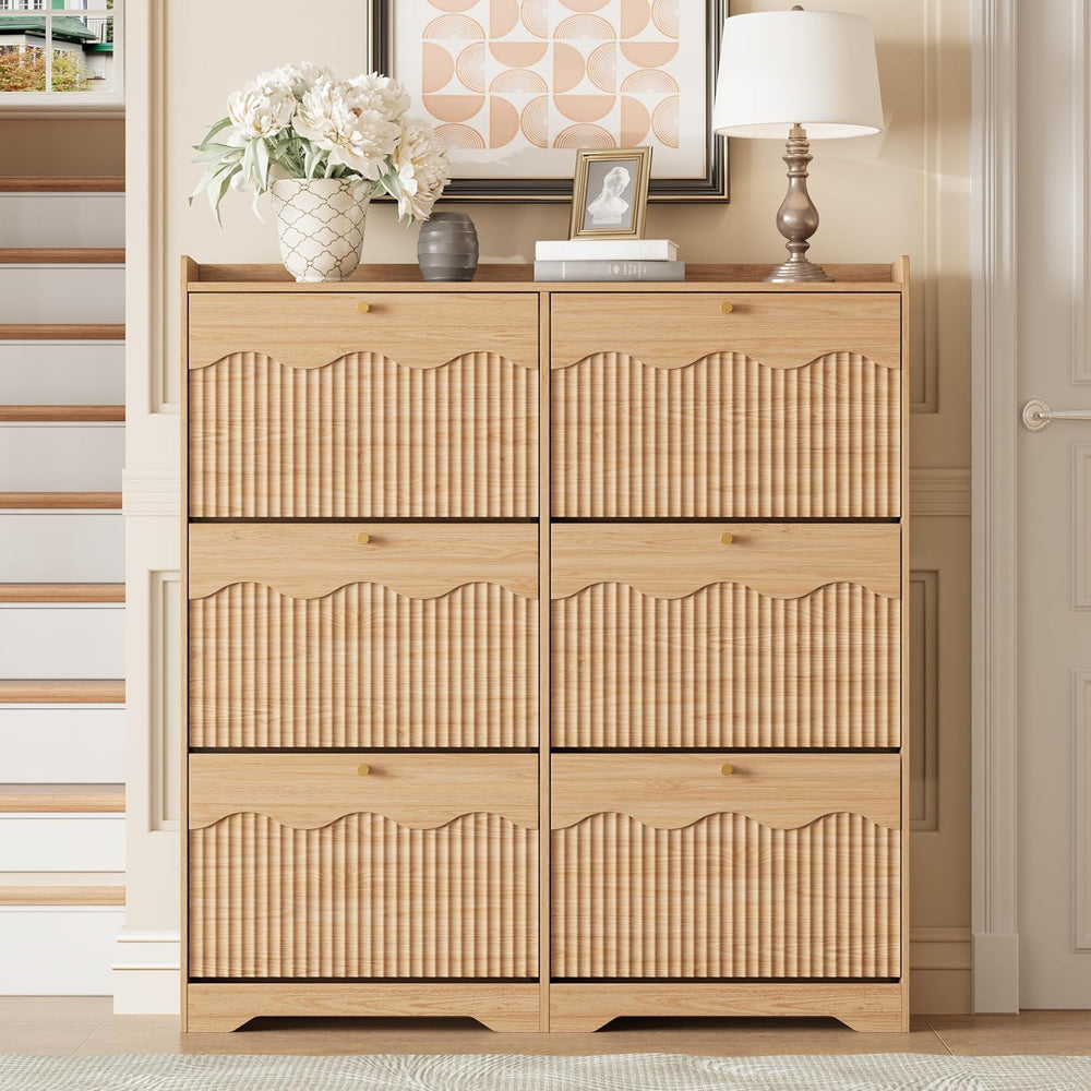 BORNOON Large Shoe Storage Cabinet with 6 Flip Drawers and Modern Wave-Edge F...