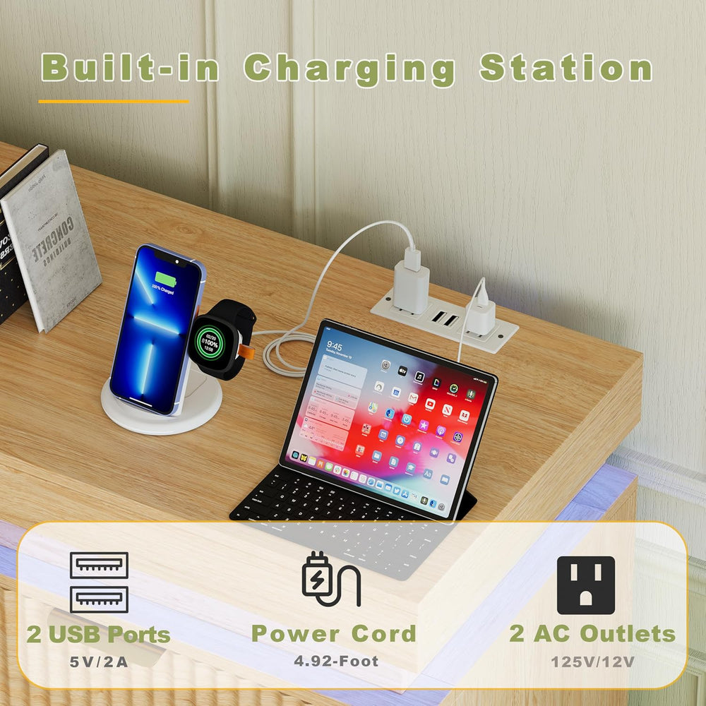Fluted 9 Drawer Dresser LED Lights & Charging Station, Natural Oak