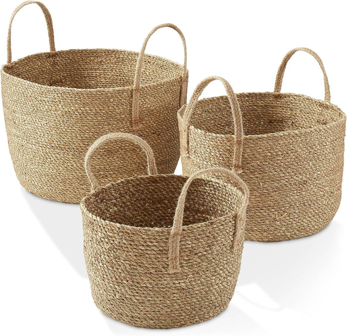Casafield Set of 3 Braided Seagrass Baskets with Jute Handles - Natural, Woven Storage Basket Planters, Boho Decor for Entryway, Living Room, Bedroom