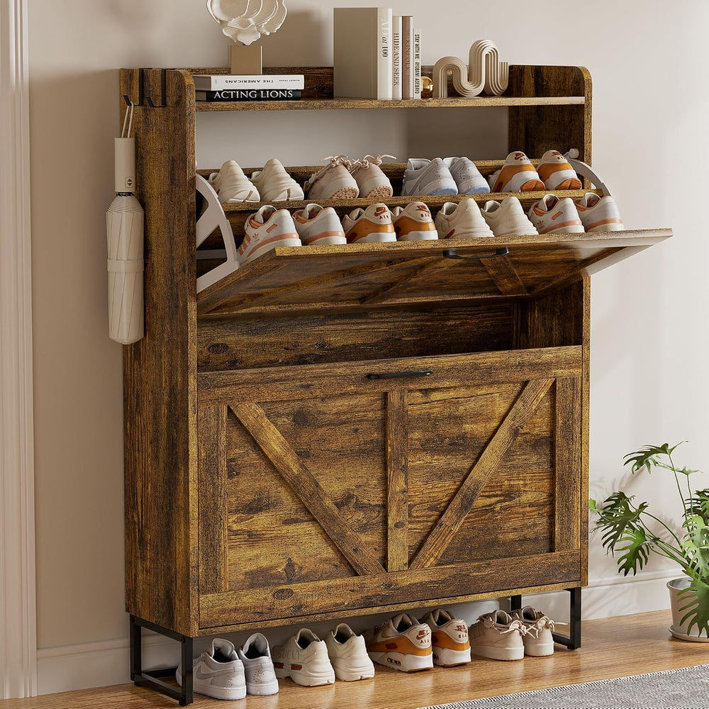 EOYUTLLY Shoe Cabinet for Entryway with 2 Flip Drawers,Narrow Wooden Shoe Sto...