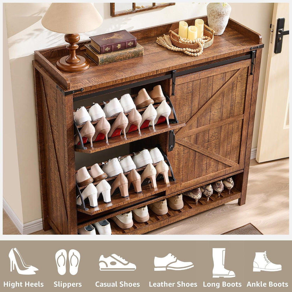 OKD Shoe Storage Cabinet with 2 Flip Drawers & Sliding Door, Farmhouse En...