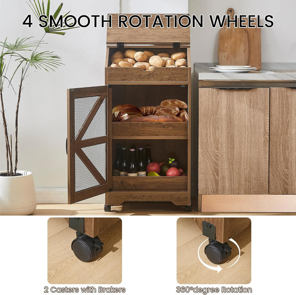 Potato Storage Bin, Movable Potato and Onion Storage Bin for Pantry(Walnut)