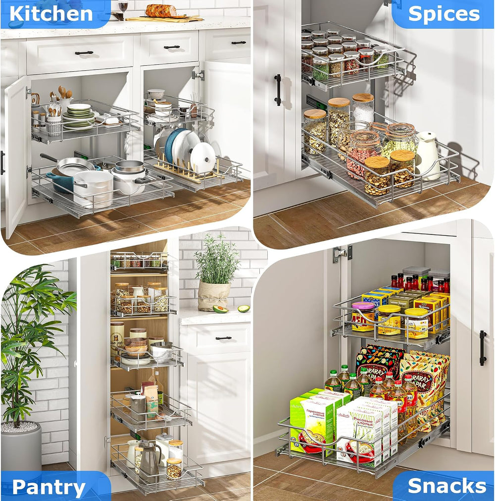 WelFurGeer 2-Tier Kitchen Cabinet Pullout Shelf and Drawer Organizer, Soft Cl...