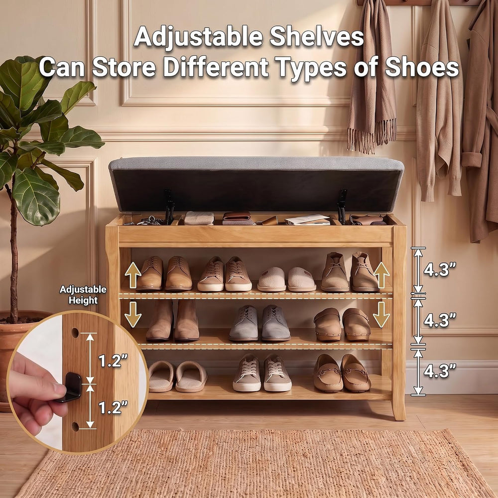 Solid Wood Shoe Bench, 31.5” Shoe Rack for Entryway Storage
