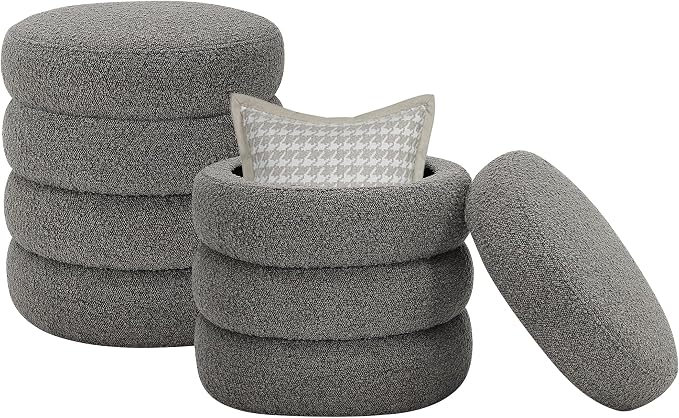 Round Ottoman with Storage Boucle Ottoman Stool Removable Lid by Krcix