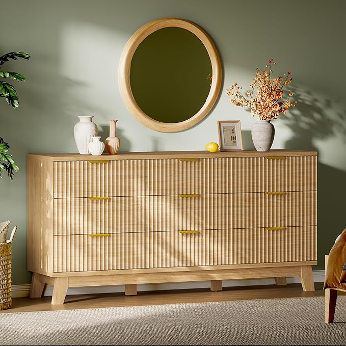 Fluted Dresser with 9 Drawers, Wooden Dresser TV Stand, Wood Closet Clothes by Xixini