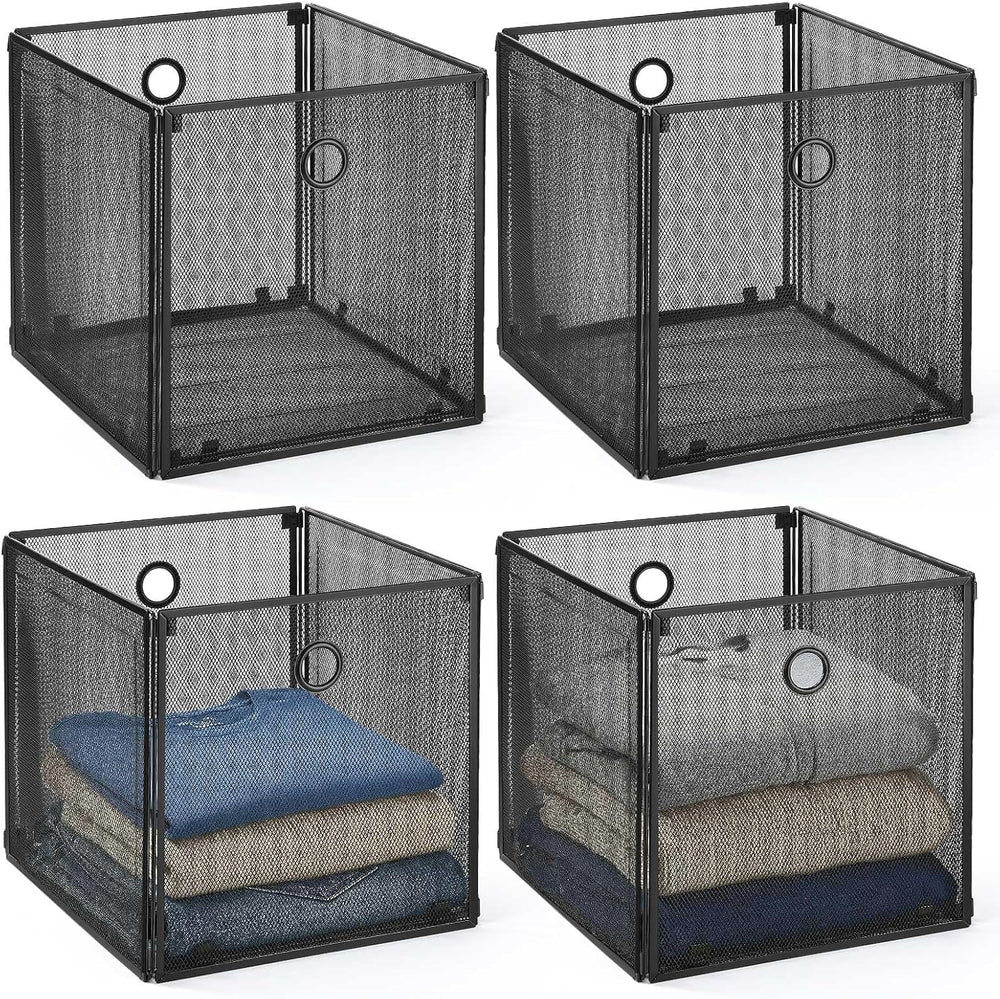 4 Pcs Foldable Metal Cube Storage Baskets, 13x13in, Black