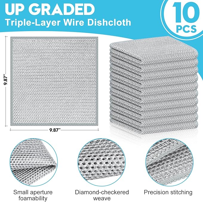 10 Pcs New Upgraded 3 Layers Non Scratch Wire Dishcloth, Wet & Dry - Image 2