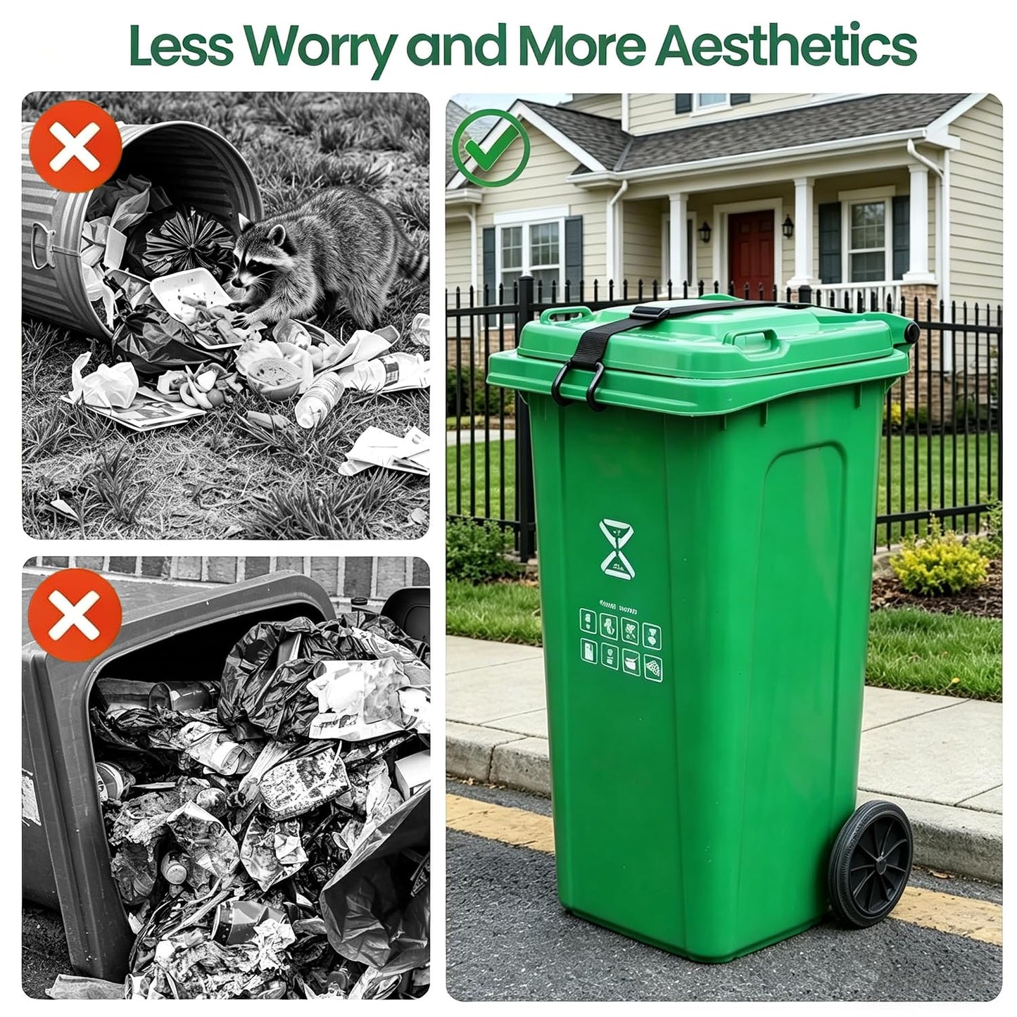 Metal Double Claw Trash Can Lid Lock with Adjustable Elastic Strap, Animal-Proof & Windproof Garbage Can Lock for 28-96 Gallon Bins, Dual Mount Design - Clamp or Tie to Keep Out Raccoons & Bears