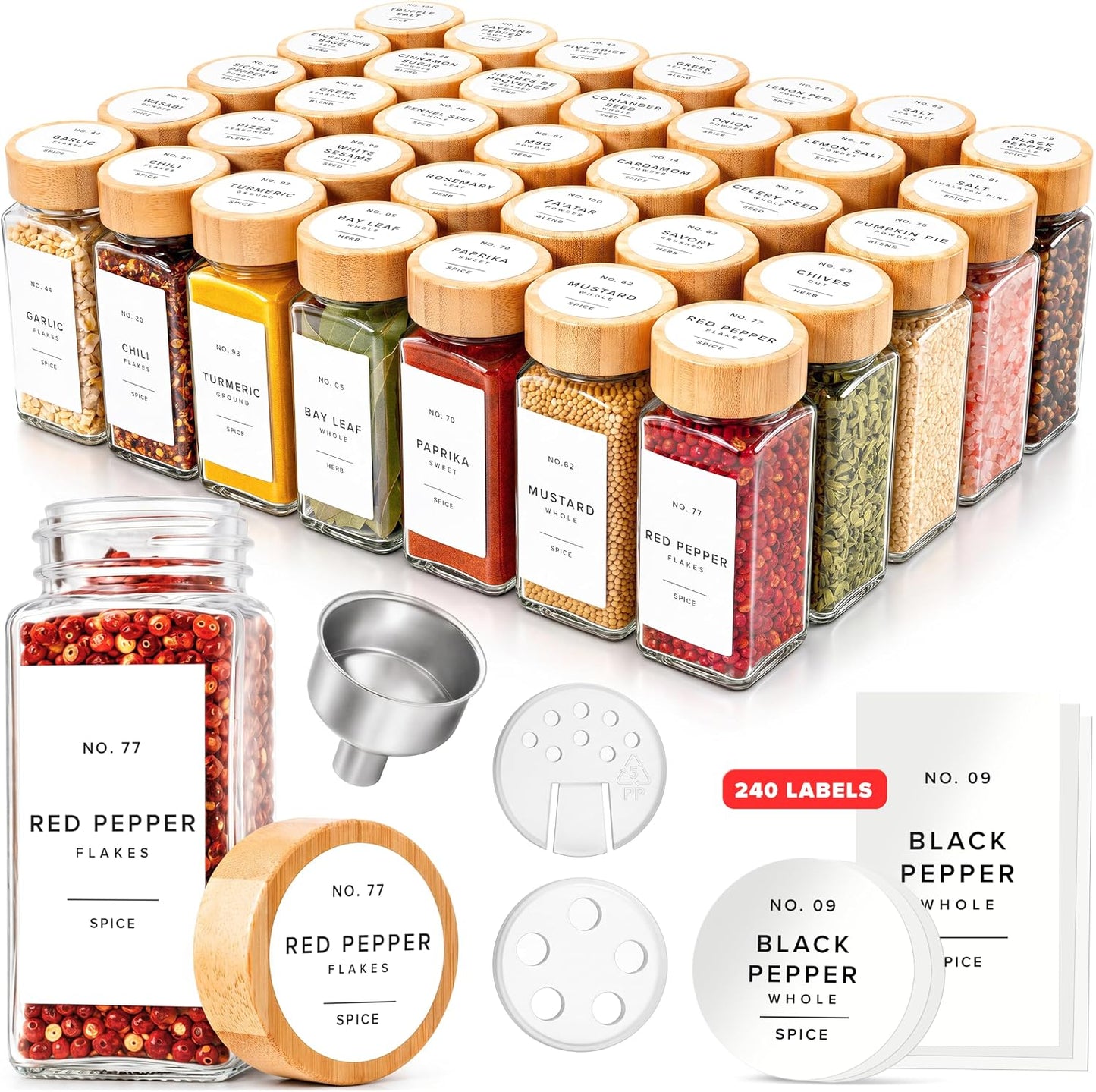 Glass Spice Jars with Label, 36x Bamboo Wooden Lids - White Labels | Airtight Lids keep spices fresh, Kitchen Spice Drawer Organizer, 4oz Seasoning Containers incl. Funnel, Brush & 240 Labels