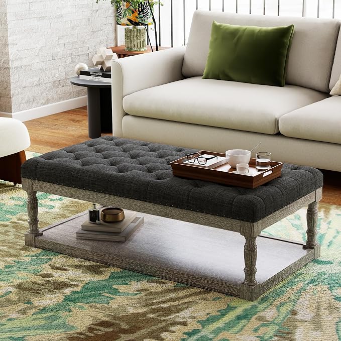 48" Large Ottoman with Storage Coffee Table, Upholstered Tufted Linen Ottoman by Unknown