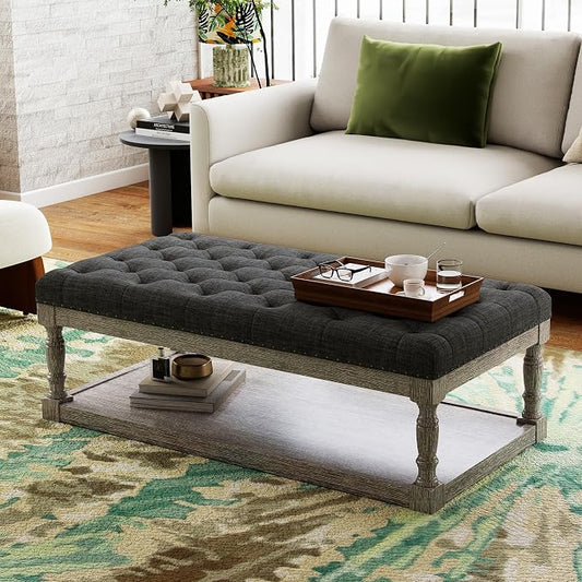 48" Large Ottoman with Storage Coffee Table, Upholstered Tufted Linen Ottoman by Unknown