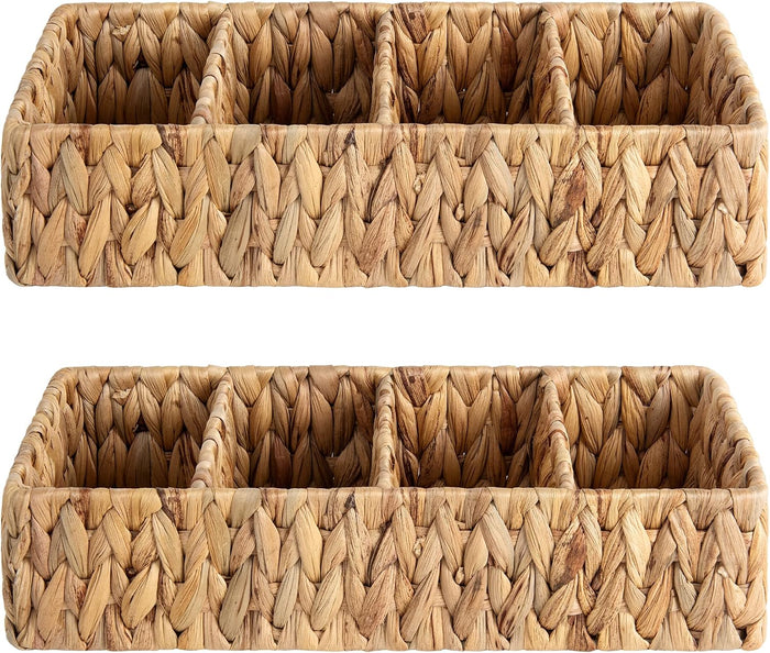 StorageWorks Small Wicker Basket for Organizing with 4-Section, Natural Water Hyacinth Storage Baskets with Dividers for Pantry Shelves, 2-Pack