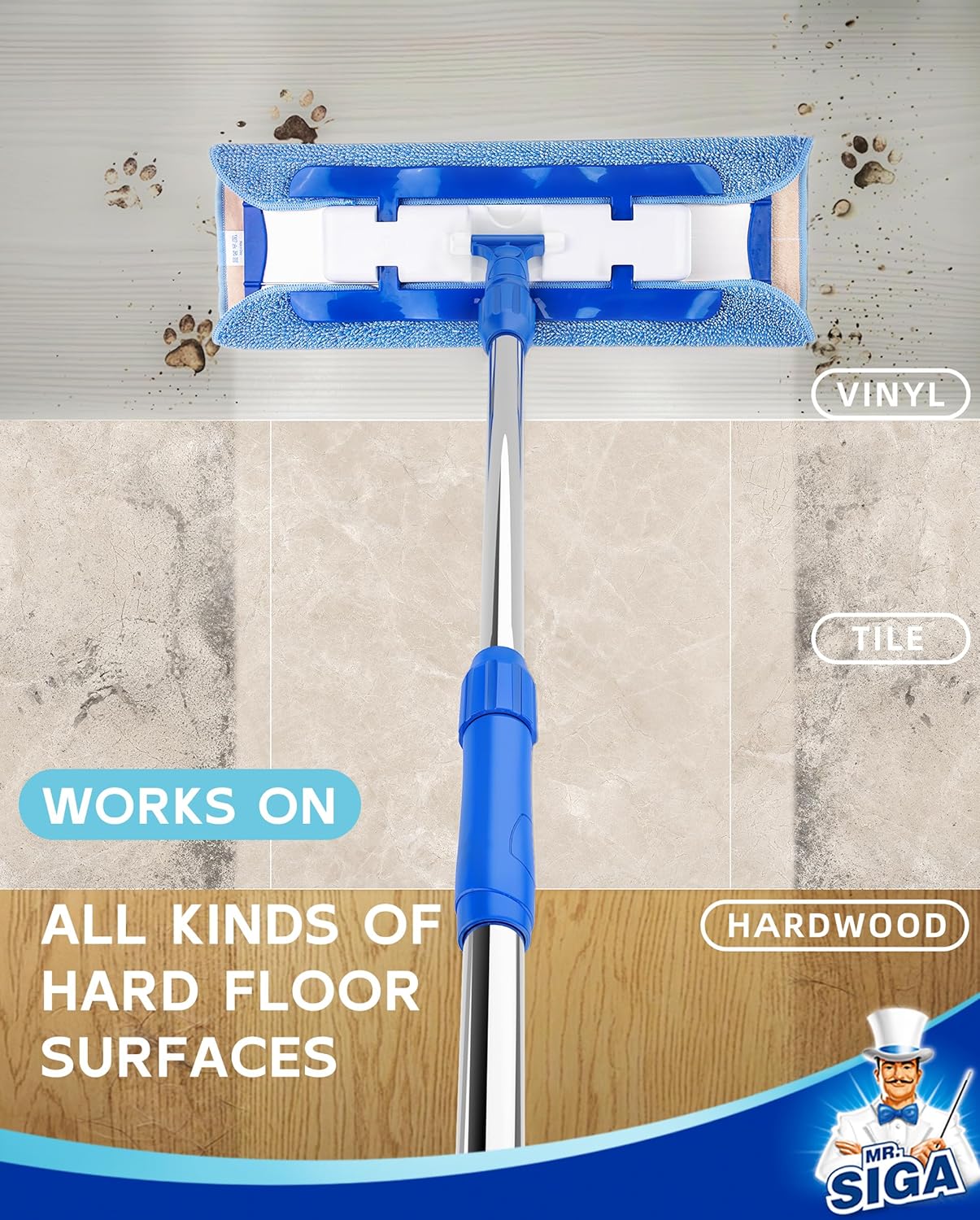 MR.SIGA Professional Microfiber Mop for Hardwood, Laminate, Tile Floor Cleaning, Stainless Steel Telescopic Handle - 3 Reusable Flat Mop Refills and 1 Dirt Removal Scrubber Included