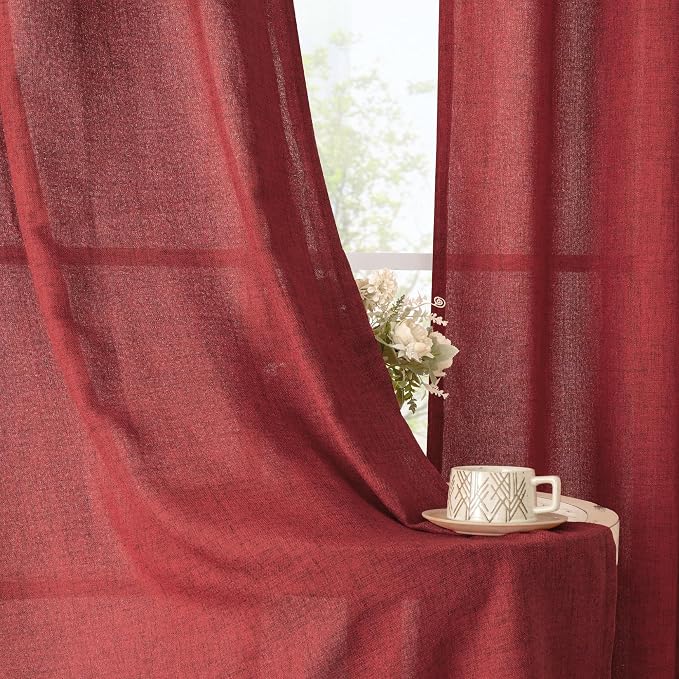 YoungsTex Red Linen Curtains 63 Inch Length 2 Panels - Image 3