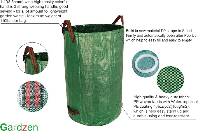 Gardzen 3-Pack 32 Gallon Yard Waste Bags, Reusable Heavy Duty Collapsible - Image 2