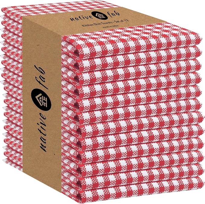 Native Fab 12 Pack Gingham Check Kitchen Towels 16"x26" by NativeFab