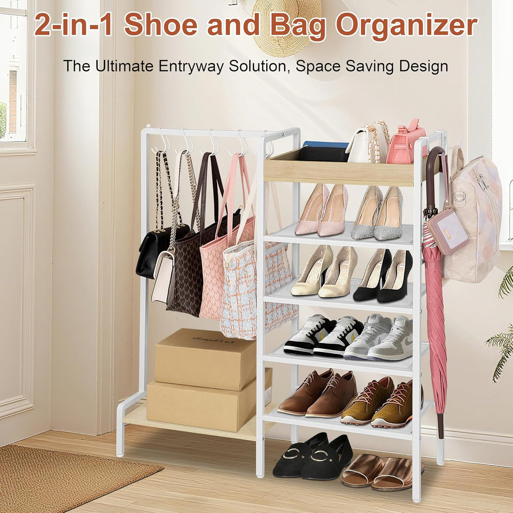 2-in-1 Shoe Rack for Closet with Purse Organizer, 5 Tier Shoes Shelf with Woo...