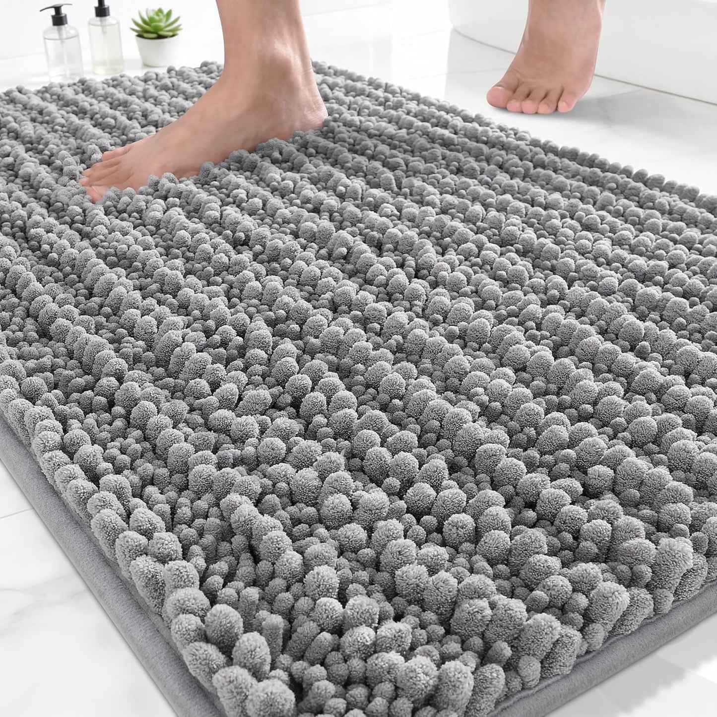 Yimobra Bathroom Rugs Non-Slip Washable – Extra Soft & Absorbent Chenille Bath Mat, Quick-Dry Plush Shaggy Floor & Vanity Bath Rugs for Tub & Shower, Modern Home Decor Accessories, 24 x 17, Grey