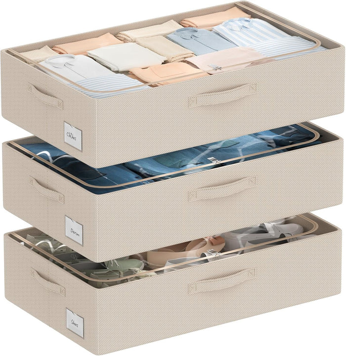 CYhom 3Pcs Under Bed Storage Bins with Metal Frame - Shoe Organizer for Closet with Clear Cover Oxford Fabric Sturdy Underbed Container Foldable Stackable Clothes Organizer (Beige, 23.5x15.7x6.3)