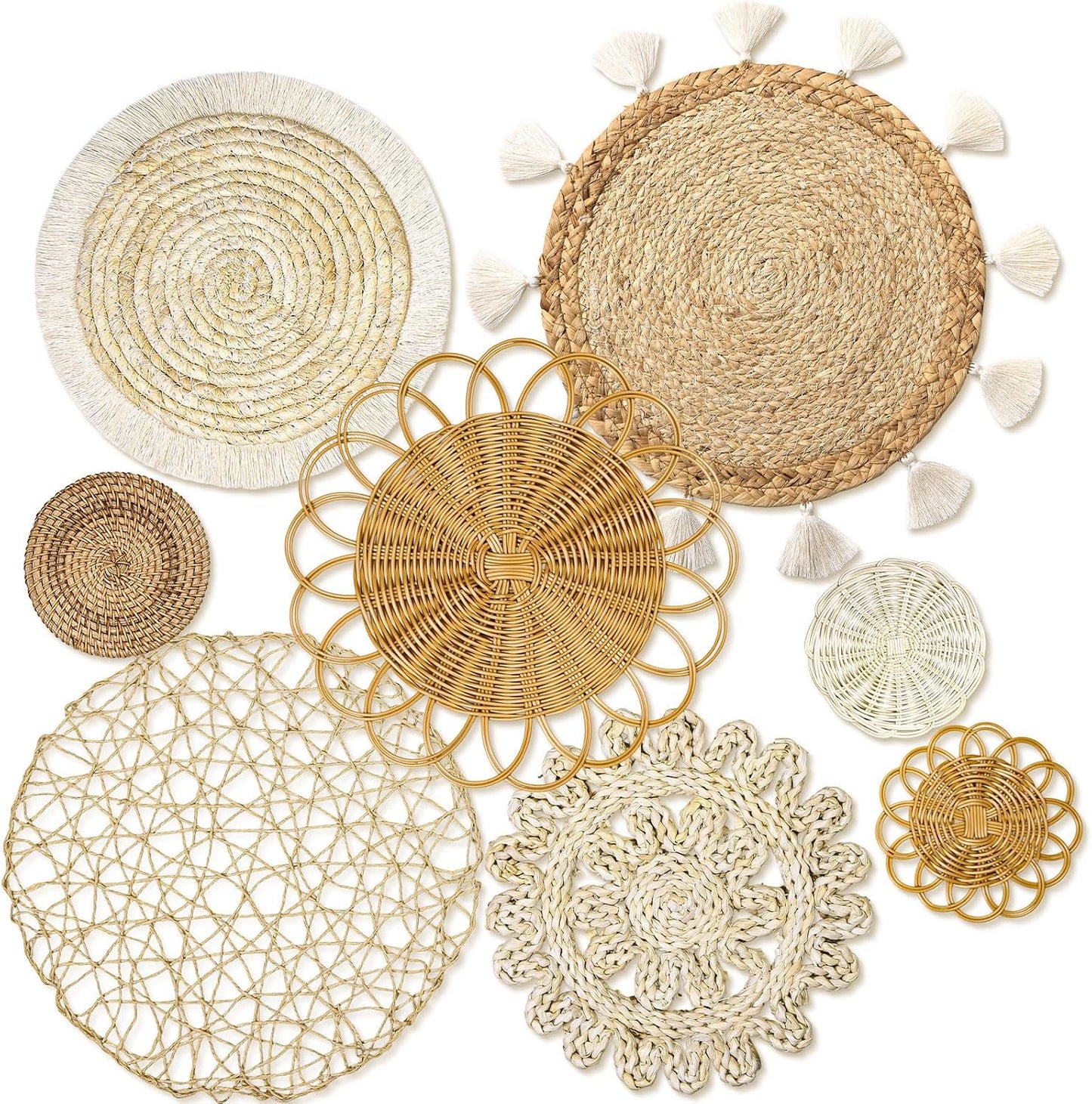 LOMOHOO Set of 8 Boho Wall Basket Decor Wicker Woven Wall Basket Decoration | LOMOHOO Bohemian Handcrafted Round Basket Hanging Decor Bulrush Wall Art Decors for Living Room Rustic Home