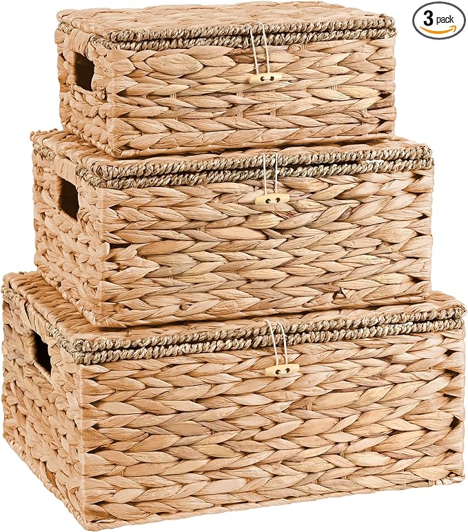 Wicker Storage Baskets with Lids and Handles, Hand Woven Rattan Storage Bins Box by Ollieroo