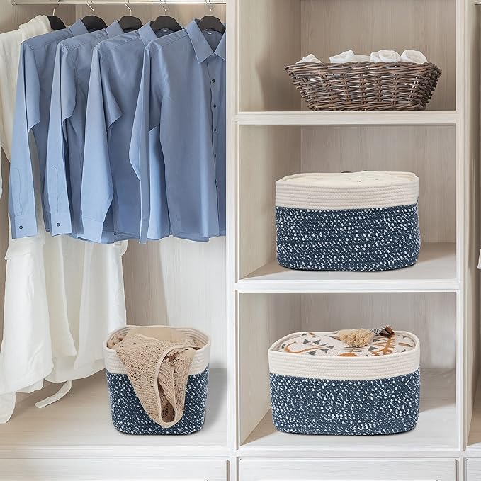 White and Blue Cotton Rope storage Basket Bins Woven Basket - Image 4