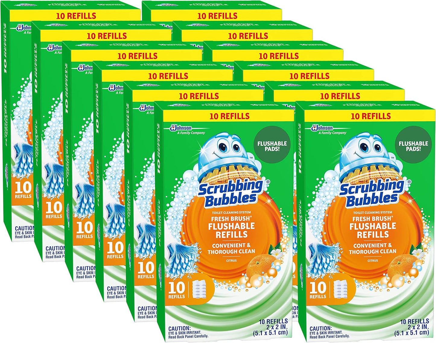 Scrubbing Bubbles Flushable Toilet Bowl Wand Cleaner Refills, Fresh Brush Cleaner Toilet Refill Pads, Removes Limescale & Odors, Citrus Scent, 10 Count (Pack of 12)