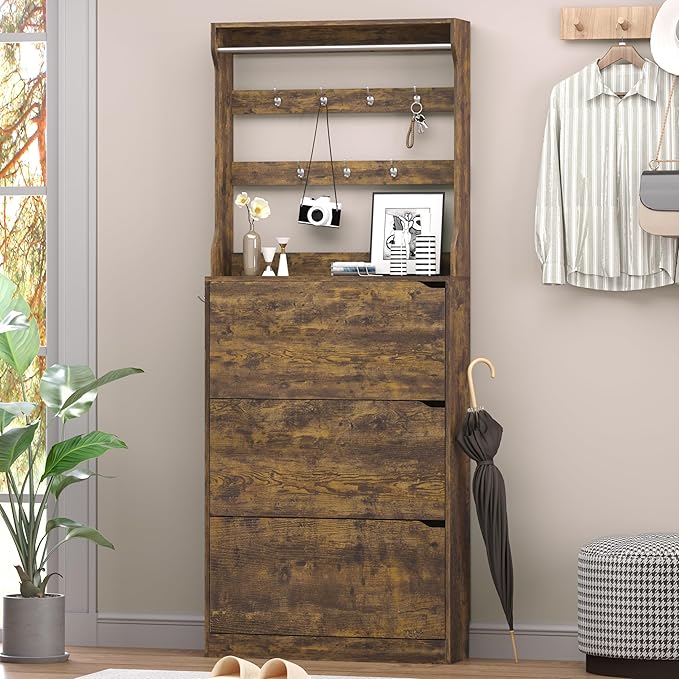 Shoe Cabinet with 3 Flip Drawers & Coat Rack, Narrow Hidden Shoe Storage Cabinet - Image 3
