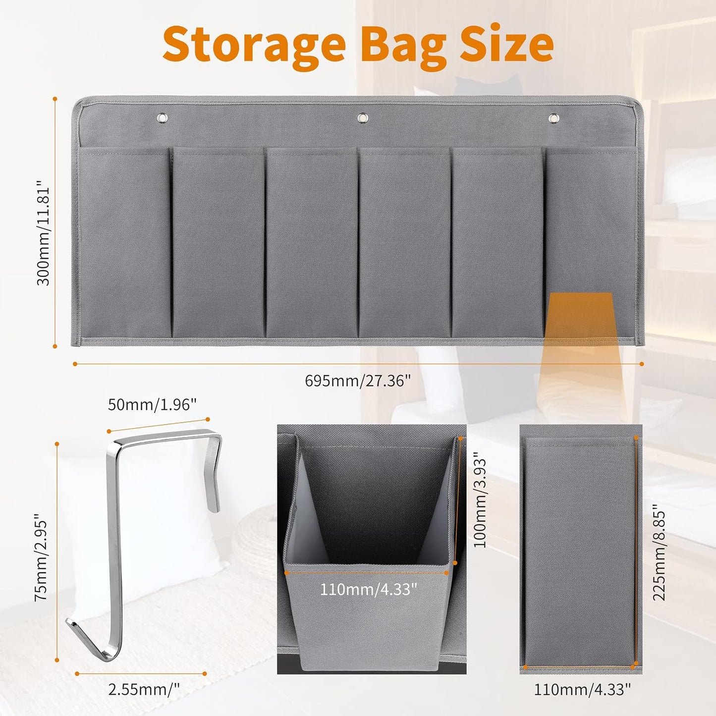 RVZONE 6‑Large‑Pocket RV Bedside Hanging Organizer with Sturdy Hooks | 6‑Pocket RV Bedside Hanging Organizer, oxford cloth, high load‑bearing, dual‑installation for shoes tools storage