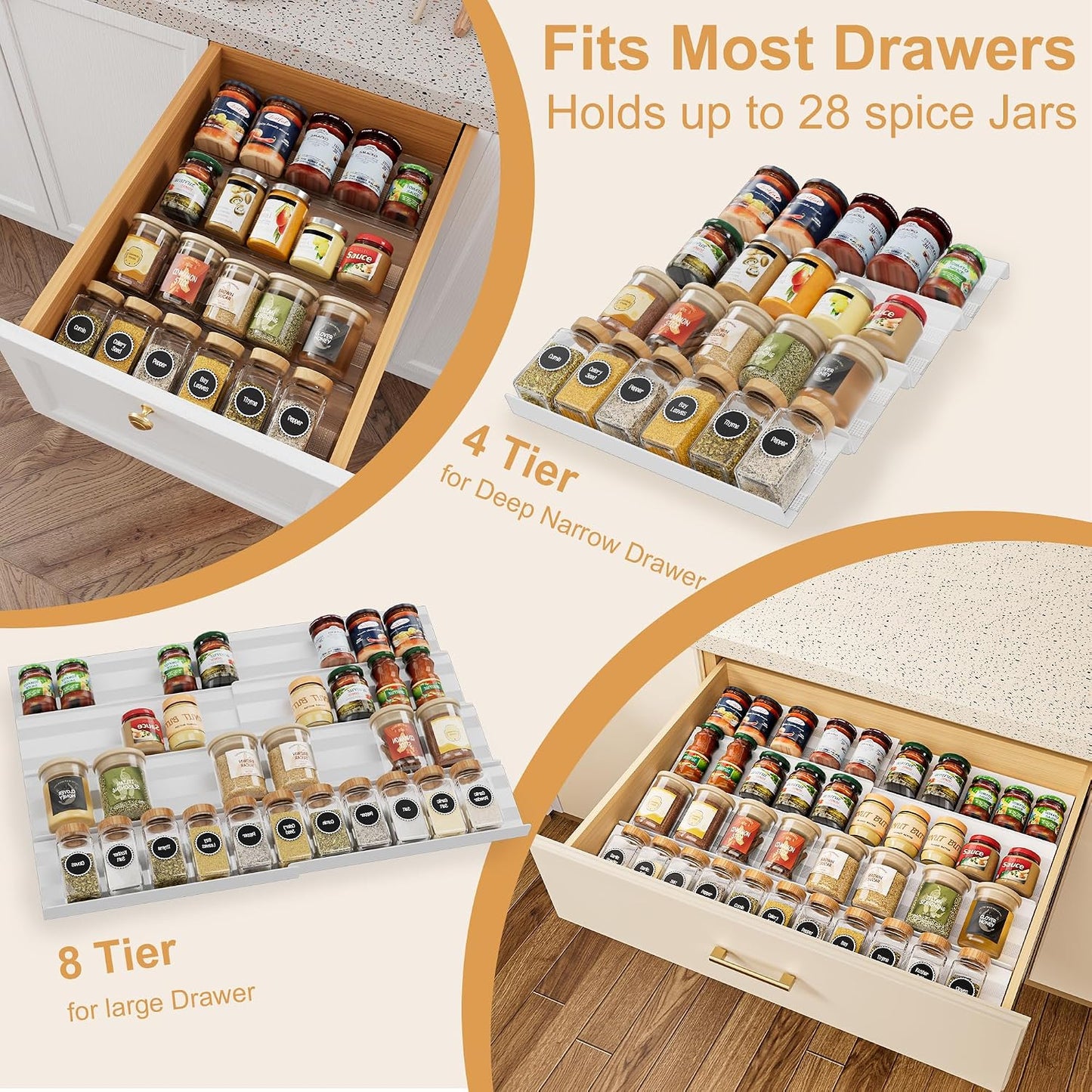 8-Pack Spice Rack for Drawer, White, 13" to 26"