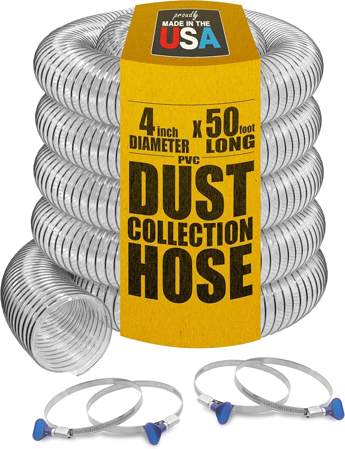 PVC Dust Collection Hose w/4 Thumbscrew Clamps, Puncture Resistant, Carbon by Fulton