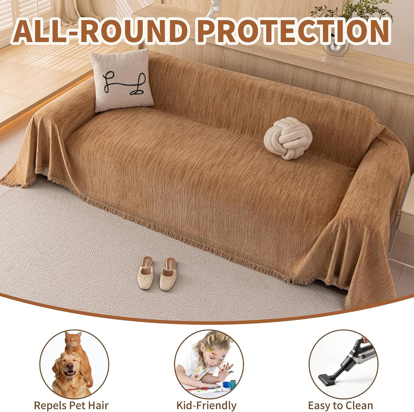Couch Covers Sofa Cover for 3 Cushion Washable, Loveseat Slipcovers for Dogs, Pet L Shape Sectional Sofa Protector, Boho Couch Cover Blanket, Vertical Slub Chenille, Yellow, 71"x118"