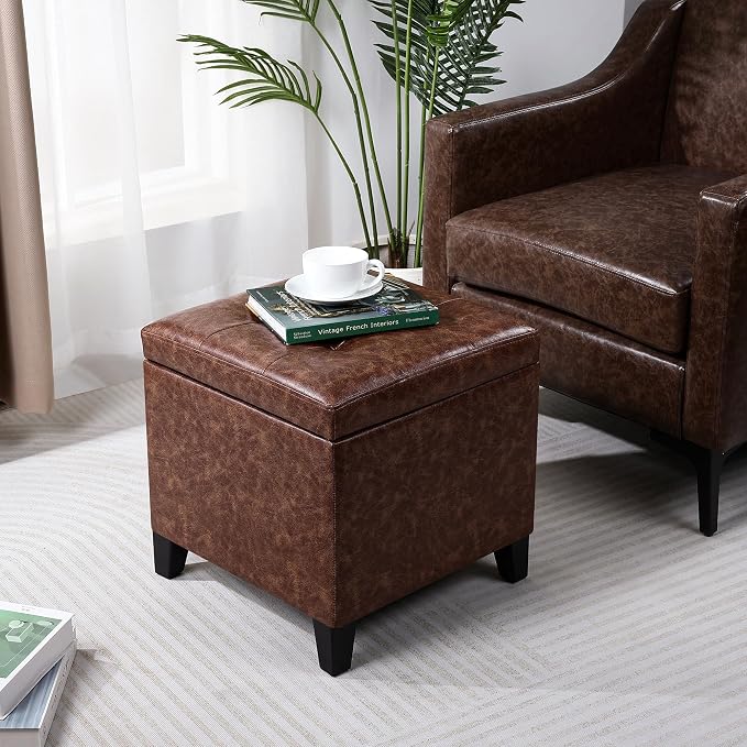 Adeco 18" Storage Ottoman Foot Rest Stool, Walnut Leather Ottoman - Image 2