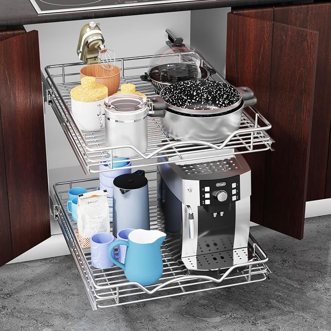 HOLDN’ STORAGE Two Tier Pull Out Cabinet Organizer, Individual Sliding Drawers