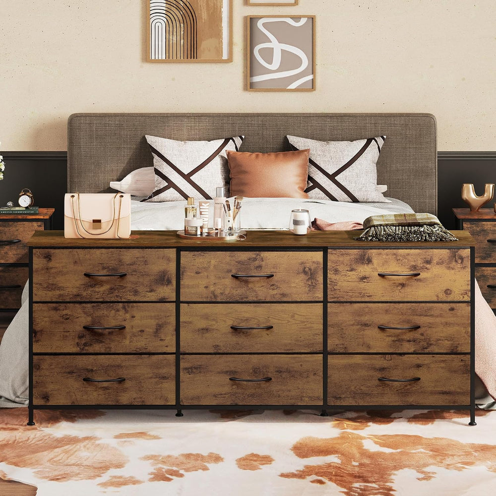 WLIVE Dresser TV Stand for 75 Inch TV, 9 Drawer Dresser, Rustic Brown