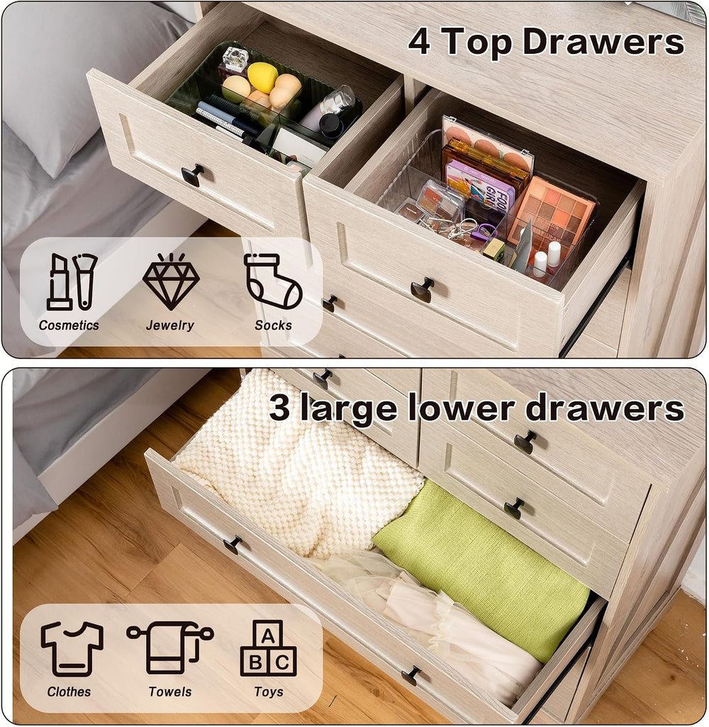 7 Drawers Tall Dressers for Bedroom, 44" Wood Chest of Drawers with Meta...