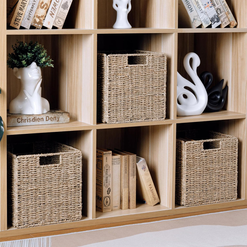 10.5 x 10.5in Cube Seagrass Storage Baskets, Foldable Square Wicker Storage B...